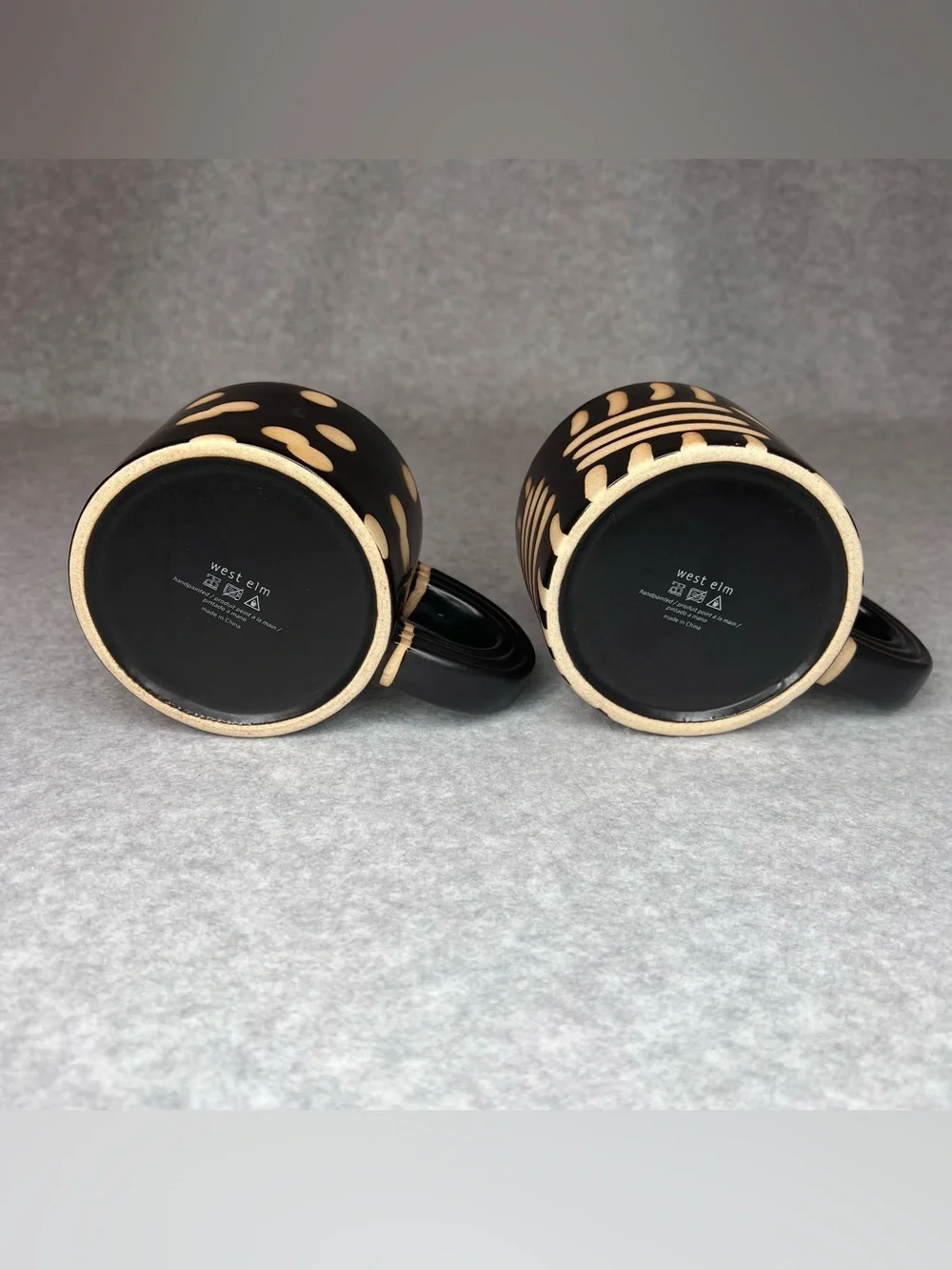 West Elm Ceramic Stoneware 2 Mug Set Black Tan Boho Modern Polka Dots/Stripe